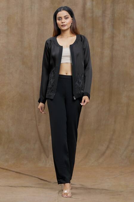 Shop_Varsha Wadhwa_Black Embroidery Round Neck Applique Full Sleeve Sheer Jacket _Online_at_Aza_Fashions