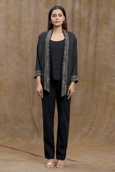 Varsha Wadhwa_Black Embroidery Shawl Neck Cord Border Jacket _Online_at_Aza_Fashions