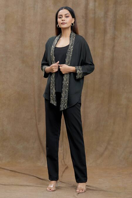 Buy_Varsha Wadhwa_Black Embroidery Shawl Neck Cord Border Jacket _Online_at_Aza_Fashions