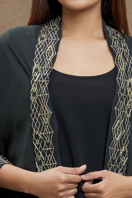 Shop_Varsha Wadhwa_Black Embroidery Shawl Neck Cord Border Jacket _Online_at_Aza_Fashions