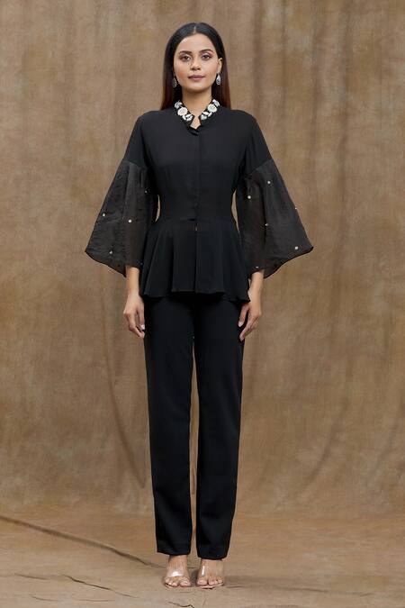 Varsha Wadhwa_Black Pearls, Beads Mandarin Collar Neckline Embellished Peplum Top _Online_at_Aza_Fashions