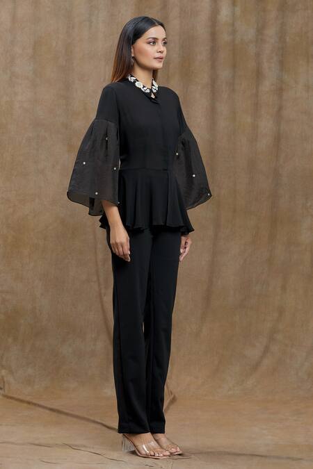 Buy_Varsha Wadhwa_Black Pearls, Beads Mandarin Collar Neckline Embellished Peplum Top _Online_at_Aza_Fashions