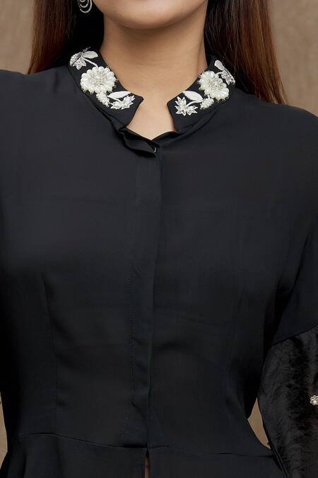 Varsha Wadhwa_Black Pearls, Beads Mandarin Collar Neckline Embellished Peplum Top _at_Aza_Fashions
