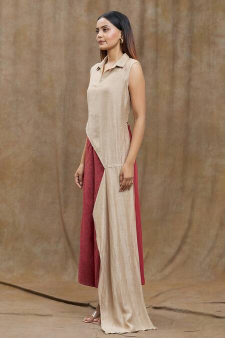 Ezra_Beige Plain Spread Collar Asymmetric Top_Online_at_Aza_Fashions