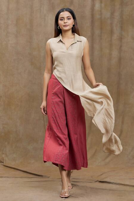 Buy_Ezra_Beige Plain Spread Collar Asymmetric Top_Online_at_Aza_Fashions