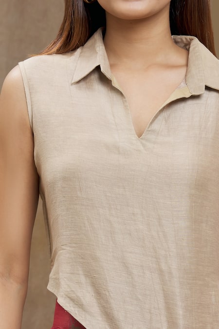 Shop_Ezra_Beige Plain Spread Collar Asymmetric Top_Online_at_Aza_Fashions