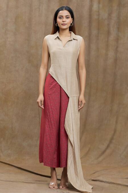 Ezra_Beige Plain Spread Collar Asymmetric Top_at_Aza_Fashions