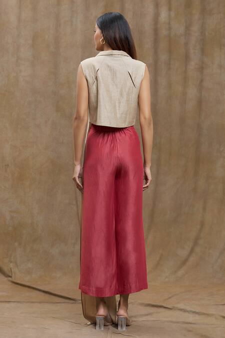 Shop_Ezra_Beige Plain Spread Collar Asymmetric Top_at_Aza_Fashions