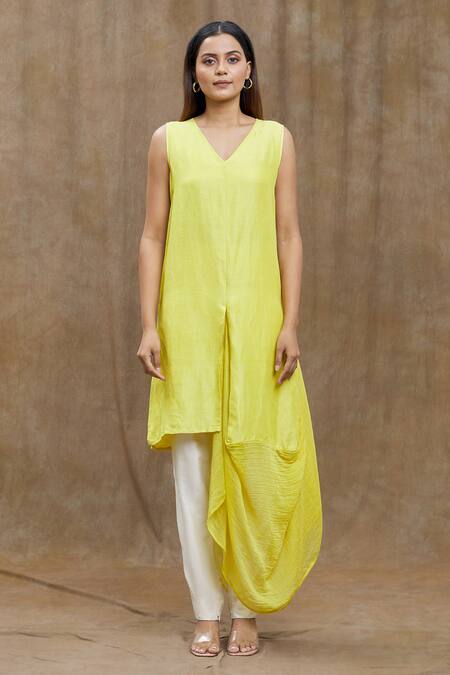 Ezra_Yellow Plain V Neck Asymmetric Tunic_Online_at_Aza_Fashions