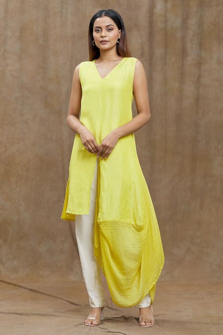 Buy_Ezra_Yellow Plain V Neck Asymmetric Tunic_Online_at_Aza_Fashions