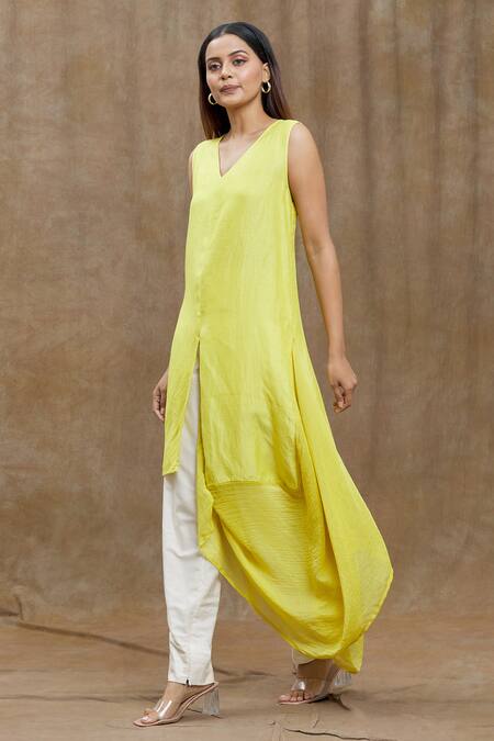 Shop_Ezra_Yellow Plain V Neck Asymmetric Tunic_Online_at_Aza_Fashions