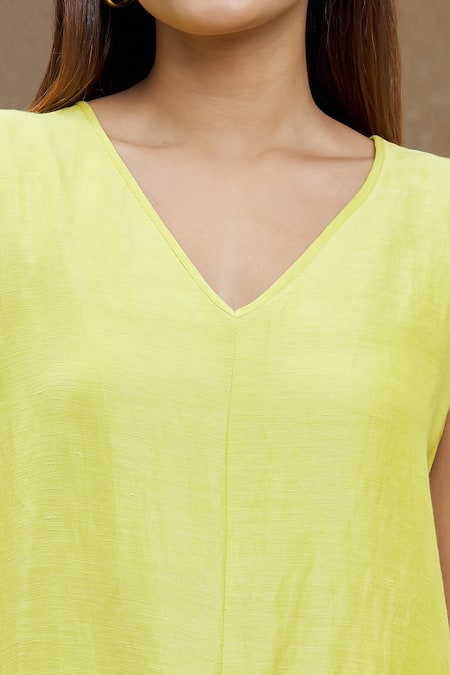 Ezra_Yellow Plain V Neck Asymmetric Tunic_at_Aza_Fashions
