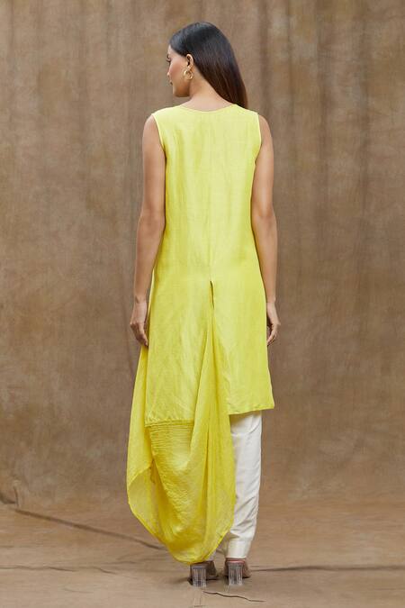 Shop_Ezra_Yellow Plain V Neck Asymmetric Tunic_at_Aza_Fashions