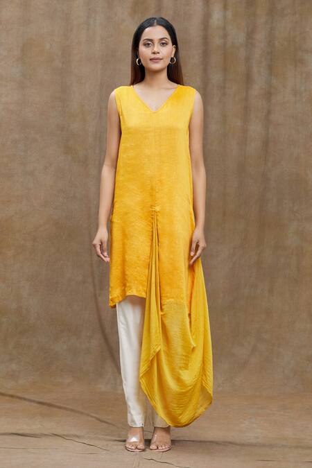 Ezra_Orange Plain V Neck Solid Asymmetric Tunic_Online_at_Aza_Fashions