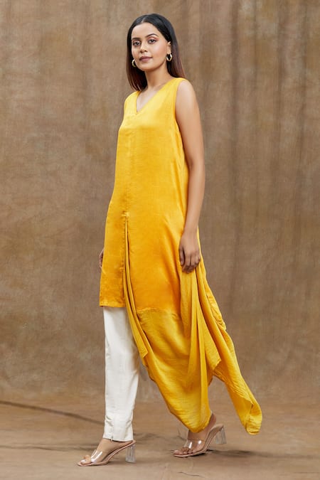 Shop_Ezra_Orange Plain V Neck Solid Asymmetric Tunic_Online_at_Aza_Fashions