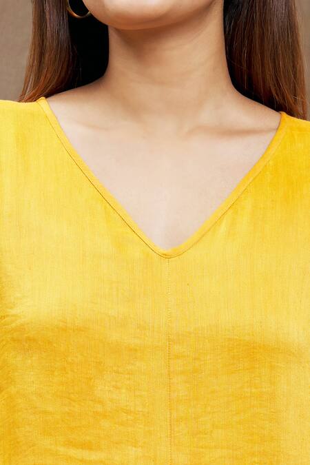 Ezra_Orange Plain V Neck Solid Asymmetric Tunic_at_Aza_Fashions