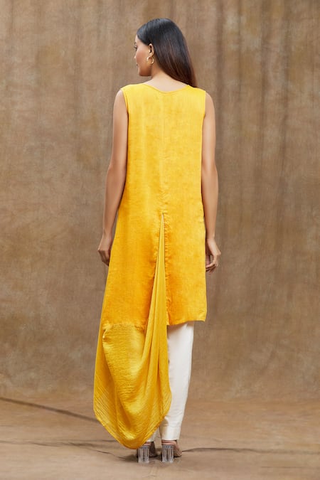Shop_Ezra_Orange Plain V Neck Solid Asymmetric Tunic_at_Aza_Fashions