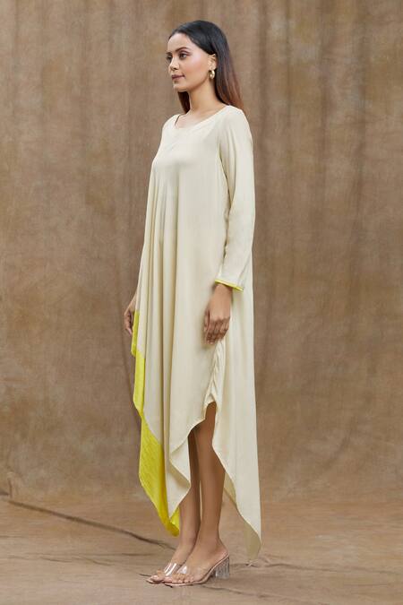 Ezra_Beige Cotton Round Neck Solid Full Sleeve Dress _Online_at_Aza_Fashions