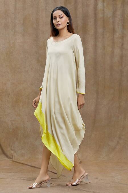 Buy_Ezra_Beige Cotton Round Neck Solid Full Sleeve Dress _Online_at_Aza_Fashions