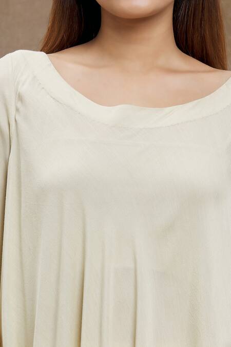 Shop_Ezra_Beige Cotton Round Neck Solid Full Sleeve Dress _Online_at_Aza_Fashions