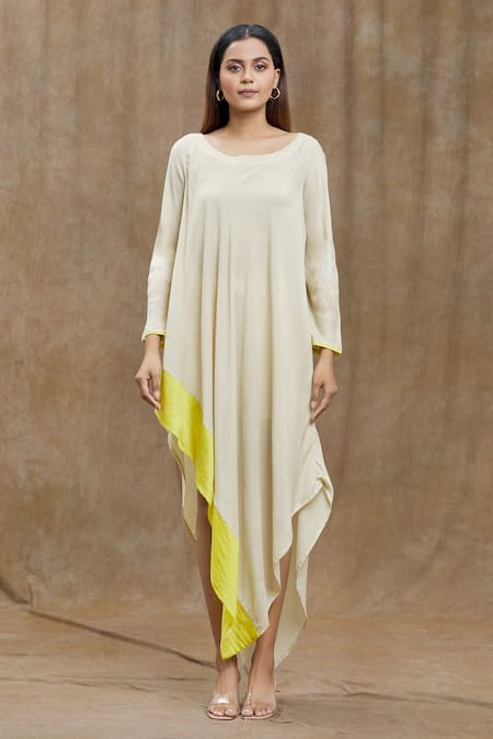Ezra_Beige Cotton Round Neck Solid Full Sleeve Dress _at_Aza_Fashions