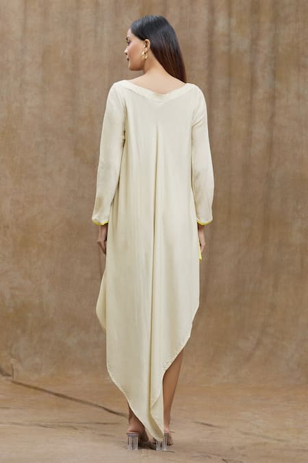 Shop_Ezra_Beige Cotton Round Neck Solid Full Sleeve Dress _at_Aza_Fashions