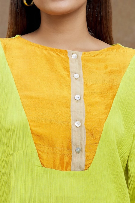 Shop_Ezra_Green Plain Boat Neck Full Sleeve Colorblock Top_Online_at_Aza_Fashions