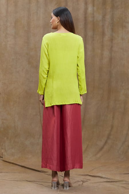 Shop_Ezra_Green Plain Boat Neck Full Sleeve Colorblock Top_at_Aza_Fashions