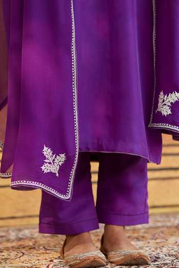 Buy_Weaver Story_Purple Silk, Georgette Embroidery Round Neck Tilla Hand Kurta Set _Online_at_Aza_Fashions