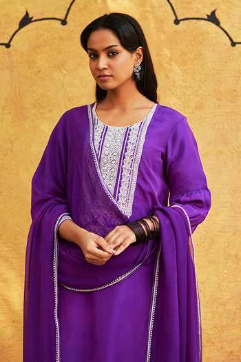 Shop_Weaver Story_Purple Silk, Georgette Embroidery Round Neck Tilla Hand Kurta Set _Online_at_Aza_Fashions