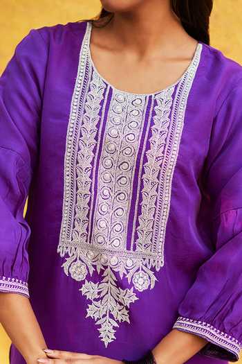 Weaver Story_Purple Silk, Georgette Embroidery Round Neck Tilla Hand Kurta Set _at_Aza_Fashions