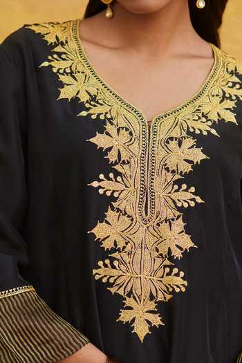 Weaver Story_Black Silk, Georgette Embroidery Pure Tilla Kurta Set _at_Aza_Fashions