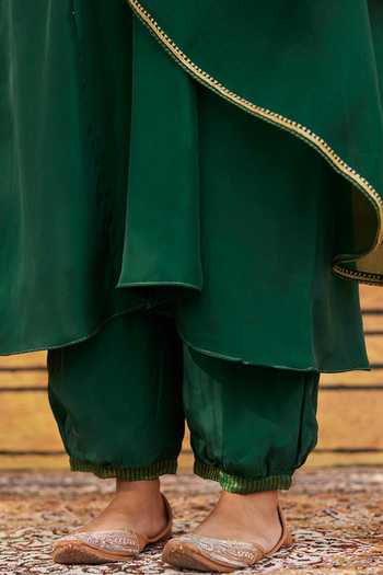 Shop_Weaver Story_Green Silk, Georgette Embroidery Split V-neck Tilla Kurta Set _Online_at_Aza_Fashions