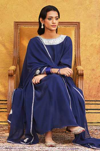 Buy_Weaver Story_Blue Silk, Georgette Embroidery Round Neck Contrast Tilla Hand Kurta Set _Online_at_Aza_Fashions