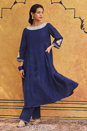 Shop_Weaver Story_Blue Silk, Georgette Embroidery Round Neck Contrast Tilla Hand Kurta Set _Online_at_Aza_Fashions