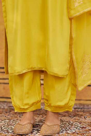 Shop_Weaver Story_Yellow Silk, Georgette Embroidery Asymmetric Floral Tilla Hand Kurta Set _Online_at_Aza_Fashions