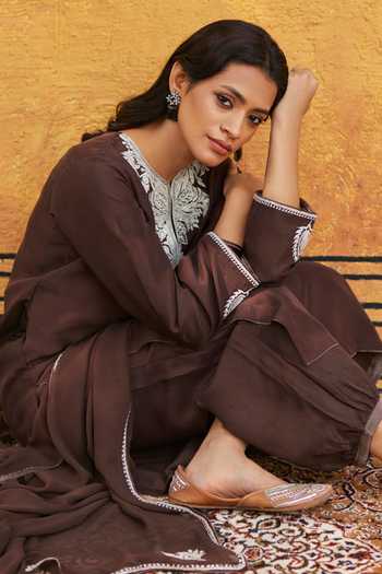 Buy_Weaver Story_Brown Silk, Georgette Embroidery Split V-neck Pure Tilla Hand Kurta Set _Online_at_Aza_Fashions