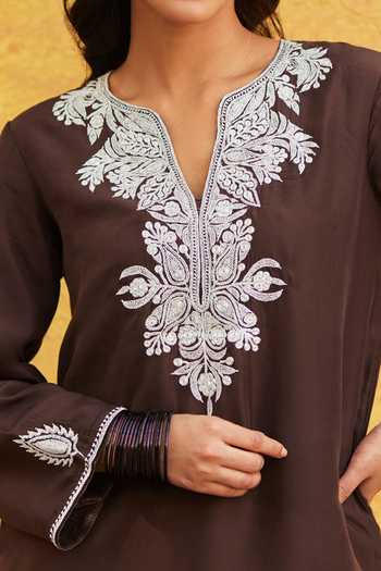 Weaver Story_Brown Silk, Georgette Embroidery Split V-neck Pure Tilla Hand Kurta Set _at_Aza_Fashions