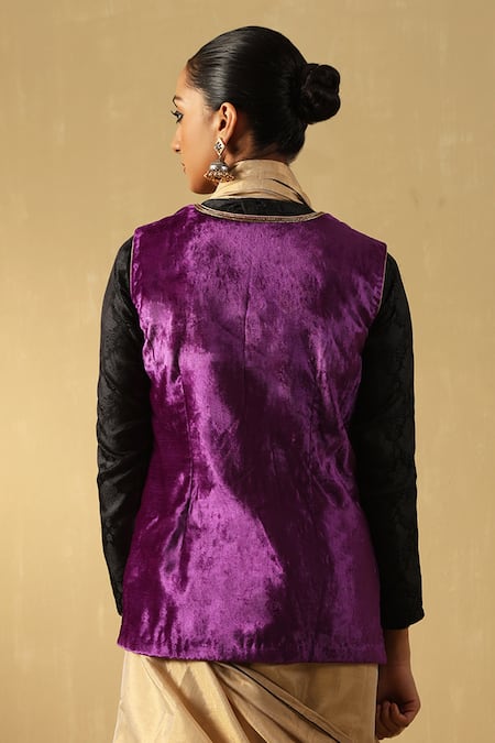 Women Purple Velvet Embroidered Jacket
