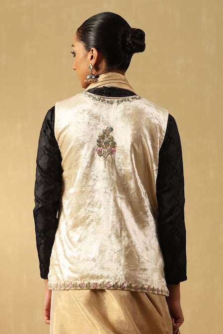 Shop_Weaver Story_Off White Velvet Embroidery Round Neck Floral Hand Jacket _at_Aza_Fashions