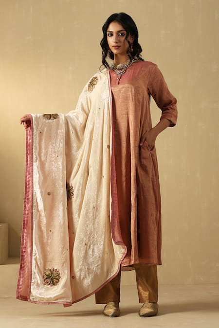 Weaver Story_Off White Velvet Embroidery Zardozi Hand Doshala _Online_at_Aza_Fashions