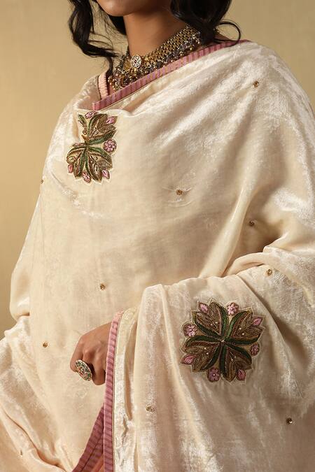 Buy_Weaver Story_Off White Velvet Embroidery Zardozi Hand Doshala _Online_at_Aza_Fashions