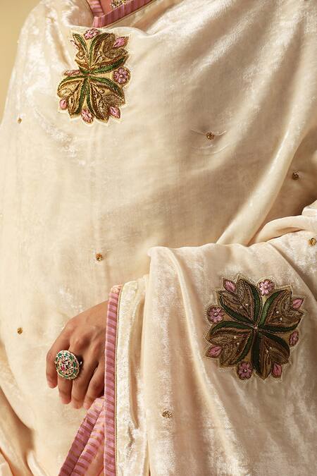 Shop_Weaver Story_Off White Velvet Embroidery Zardozi Hand Doshala _Online_at_Aza_Fashions