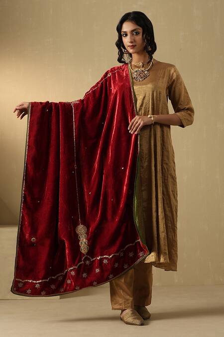 Weaver Story_Red Velvet Embroidery Floral Zardozi Hand Doshala _Online_at_Aza_Fashions