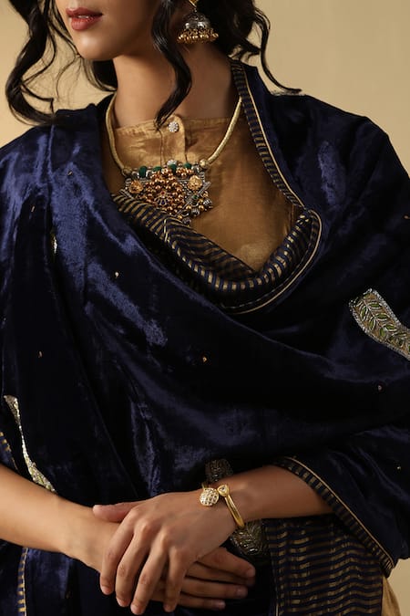 Buy_Weaver Story_Blue Velvet Embroidery Leaf Hand Doshala _Online_at_Aza_Fashions