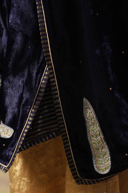 Shop_Weaver Story_Blue Velvet Embroidery Leaf Hand Doshala _Online_at_Aza_Fashions