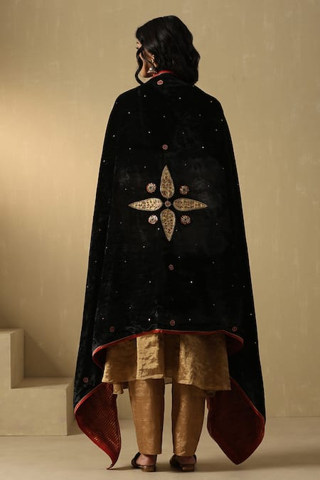 Shop_Weaver Story_Black Velvet Hand Embroidered Floral Doshala _at_Aza_Fashions
