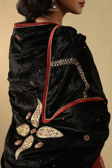 Shop_Weaver Story_Black Velvet Hand Embroidered Floral Doshala _Online_at_Aza_Fashions