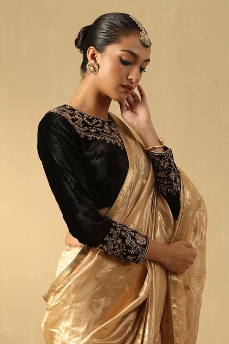 Weaver Story_Black Velvet Embroidery Collared Zardozi Backless Blouse _Online_at_Aza_Fashions