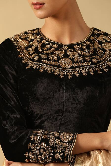 Buy_Weaver Story_Black Velvet Embroidery Collared Zardozi Backless Blouse _Online_at_Aza_Fashions